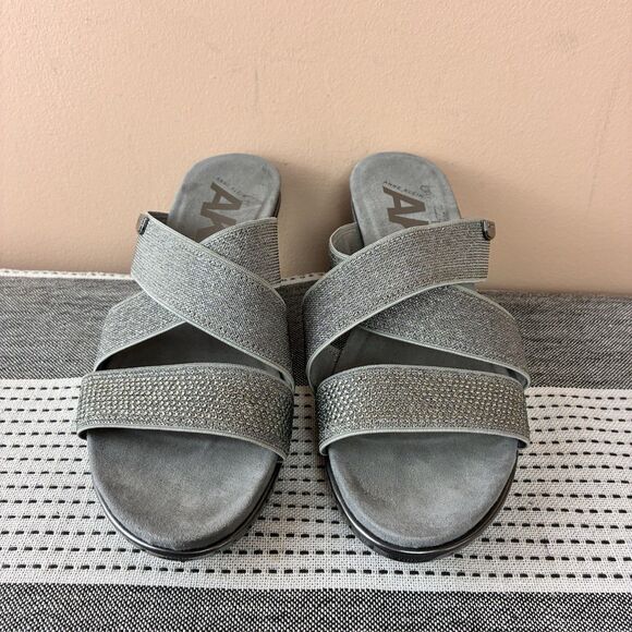Anne Klein Sport Polly Gray Shimmer Cross Strap Wedge Women’s Sandals Size 6M - Picture 2 of 8